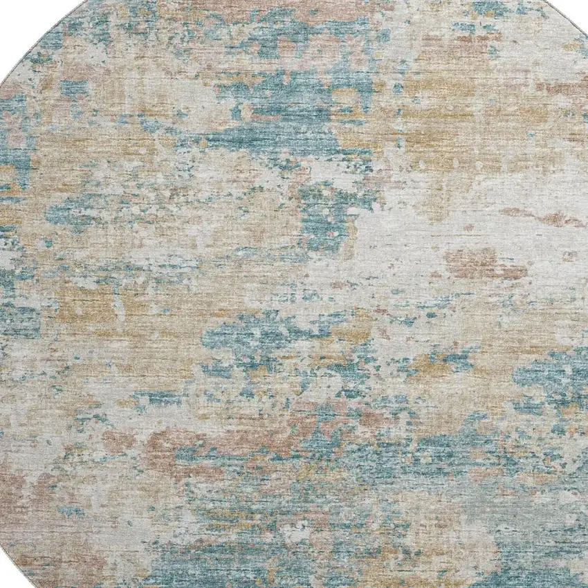 8' Teal Blue Ivory And Copper Abstract Washable Round Rug With UV Protection Photo 4
