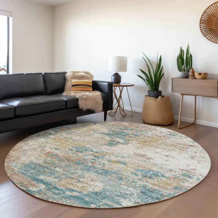 8' Teal Blue Ivory And Copper Abstract Washable Round Rug With UV Protection Photo 6