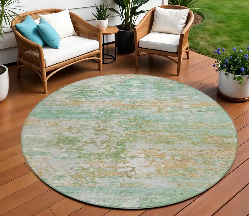 8' Teal Blue Ivory And Copper Round Abstract Washable Indoor Outdoor Area Rug Photo 2