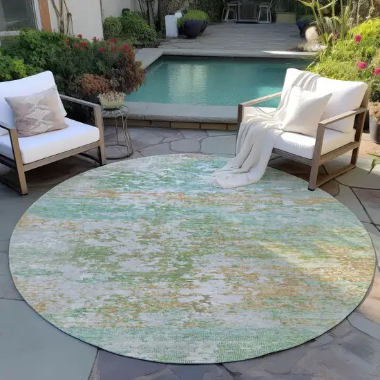 8' Teal Blue Ivory And Copper Round Abstract Washable Indoor Outdoor Area Rug Photo 5