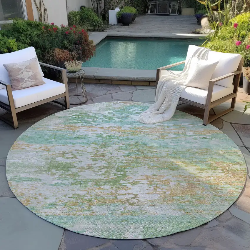 8' Teal Blue Ivory And Copper Round Abstract Washable Indoor Outdoor Area Rug Photo 5