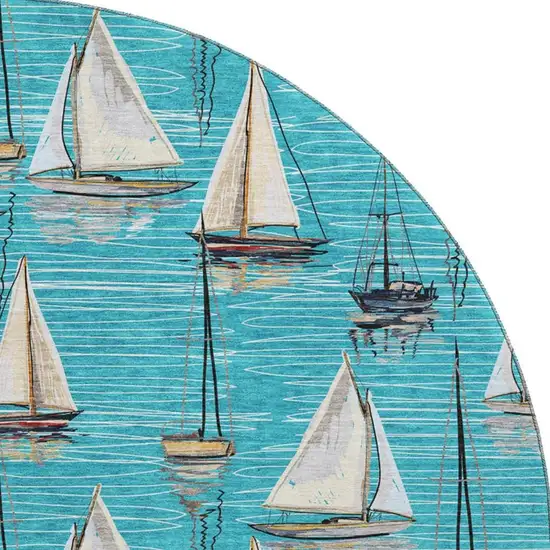 8' Teal Blue Ivory And Gold Nautical Washable Round Rug With UV Protection Photo 4