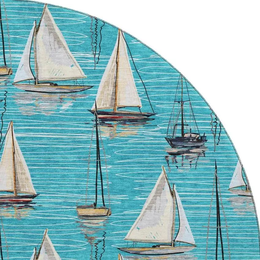 8' Teal Blue Ivory And Gold Nautical Washable Round Rug With UV Protection Photo 4