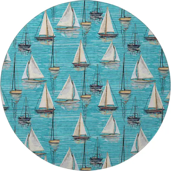 8' Teal Blue Ivory And Gold Nautical Washable Round Rug With UV Protection Photo 5