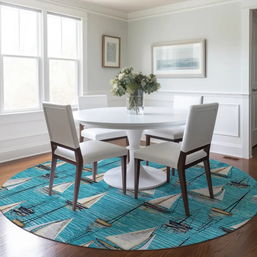 8' Teal Blue Ivory And Gold Nautical Washable Round Rug With UV Protection Photo 6