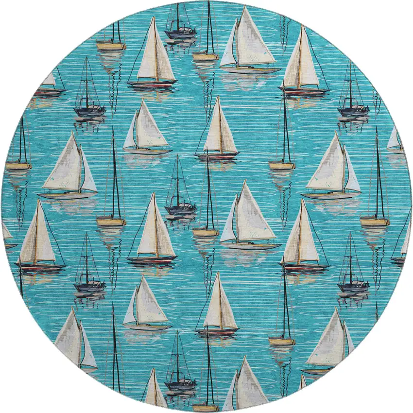 8' Teal Blue Ivory And Gold Nautical Washable Round Rug With UV Protection Photo 2