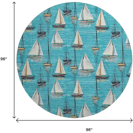 8' Teal Blue Ivory And Gold Nautical Washable Round Rug With UV Protection Photo 3