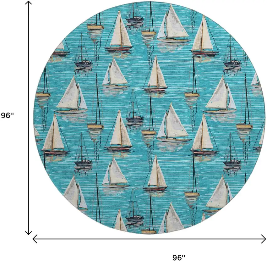 8' Teal Blue Ivory And Gold Nautical Washable Round Rug With UV Protection Photo 3