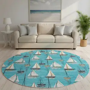 Photo of 8' Teal Blue Ivory And Gold Nautical Washable Round Rug With UV Protection