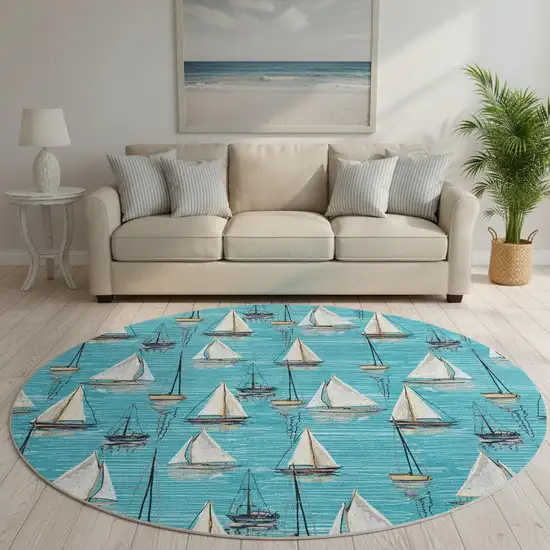 8' Teal Blue Ivory And Gold Nautical Washable Round Rug With UV Protection Photo 1