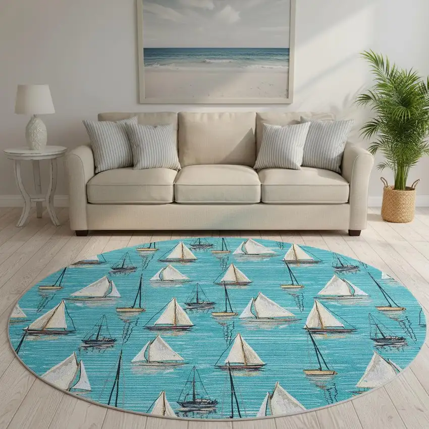8' Teal Blue Ivory And Gold Nautical Washable Round Rug With UV Protection Photo 1