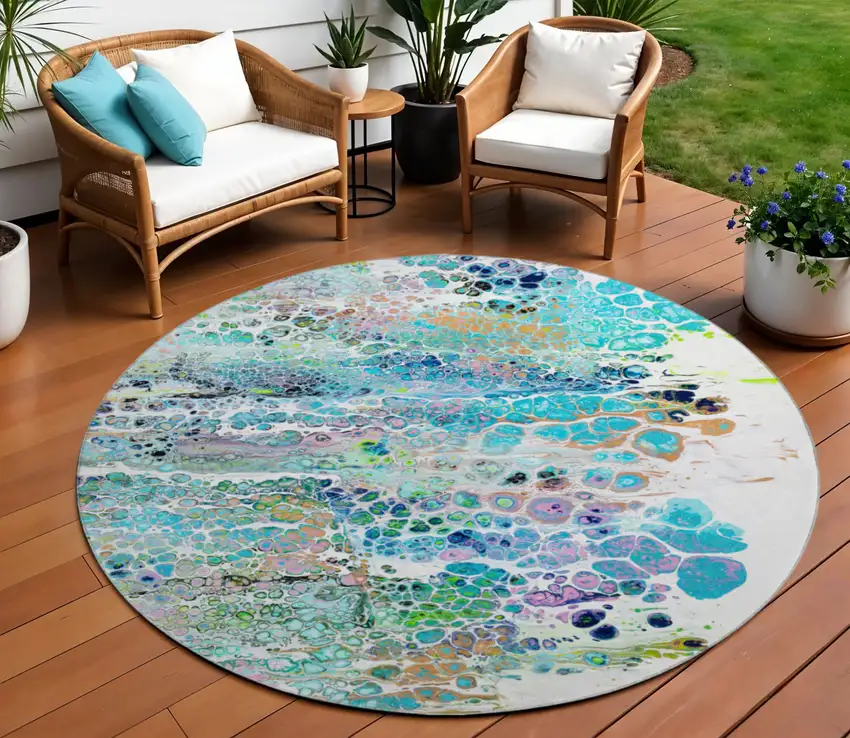 8' Teal Blue Ivory And Gold Round Abstract Washable Indoor Outdoor Area Rug Photo 1