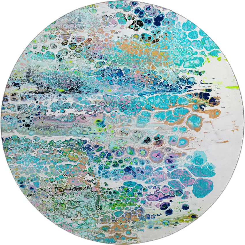 8' Teal Blue Ivory And Gold Round Abstract Washable Indoor Outdoor Area Rug Photo 2