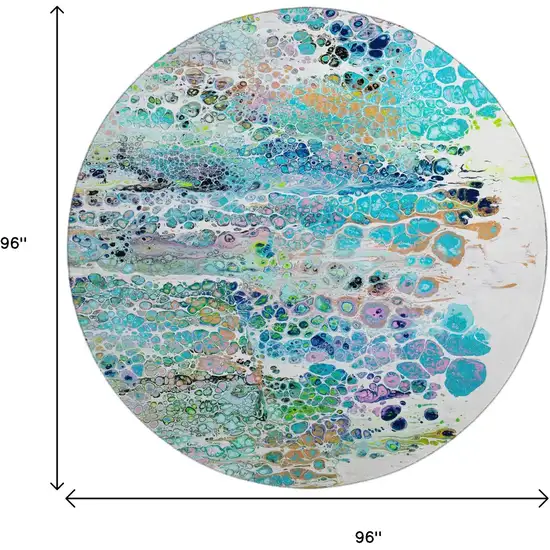 8' Teal Blue Ivory And Gold Round Abstract Washable Indoor Outdoor Area Rug Photo 3