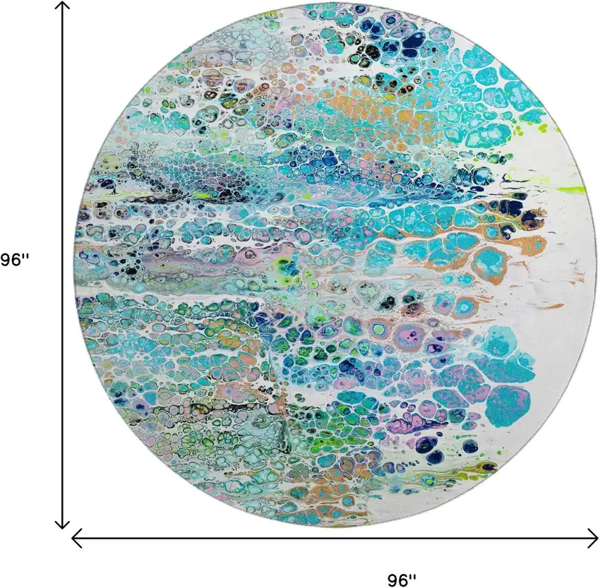 8' Teal Blue Ivory And Gold Round Abstract Washable Indoor Outdoor Area Rug Photo 3