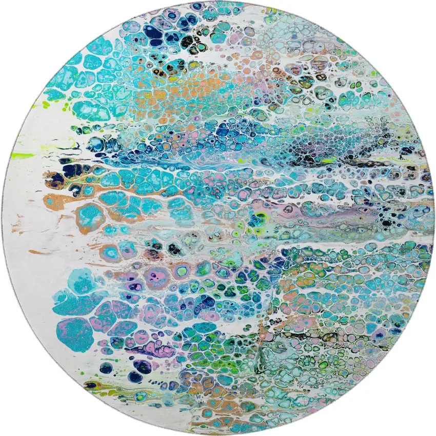 8' Teal Blue Ivory And Gold Round Abstract Washable Indoor Outdoor Area Rug Photo 4