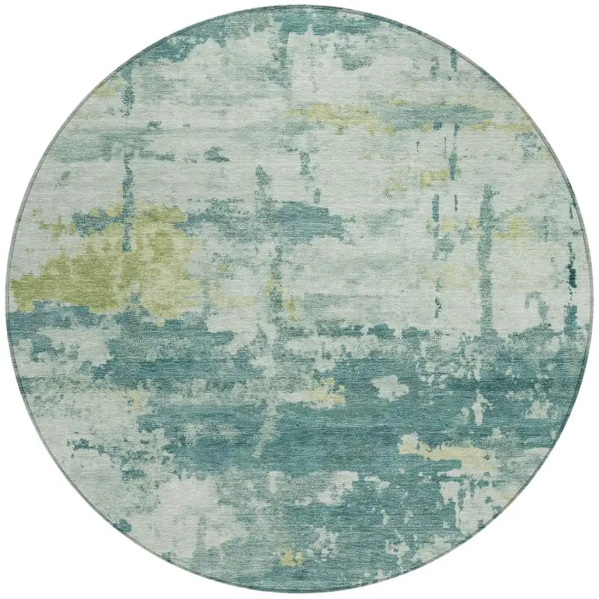 8' Teal Blue Ivory And Gold Round Abstract Washable Indoor Outdoor Area Rug Photo 3
