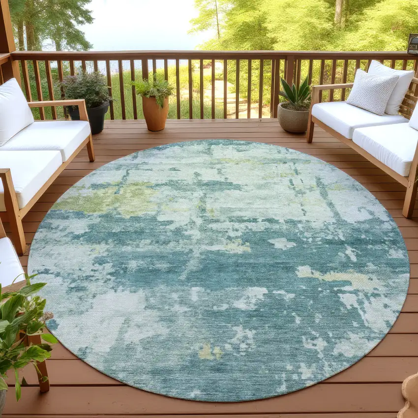 8' Teal Blue Ivory And Gold Round Abstract Washable Indoor Outdoor Area Rug Photo 4