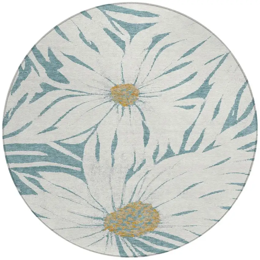 8' Teal Blue Ivory And Gold Round Floral Washable Indoor Outdoor Area Rug Photo 4