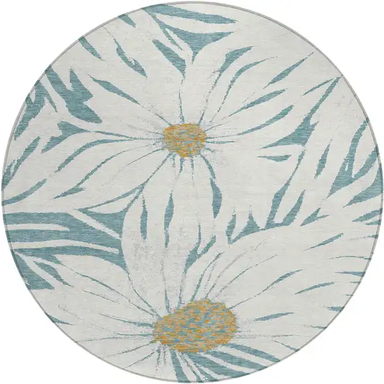 8' Teal Blue Ivory And Gold Round Floral Washable Indoor Outdoor Area Rug Photo 2