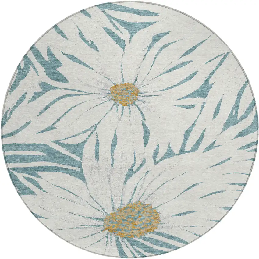 8' Teal Blue Ivory And Gold Round Floral Washable Indoor Outdoor Area Rug Photo 2