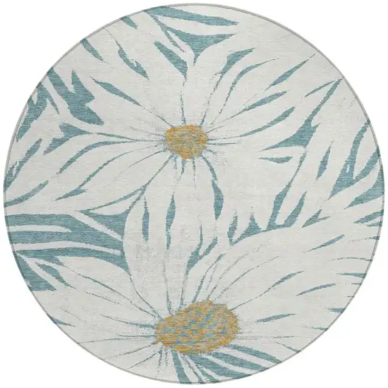 8' Teal Blue Ivory And Gold Round Floral Washable Indoor Outdoor Area Rug Photo 5