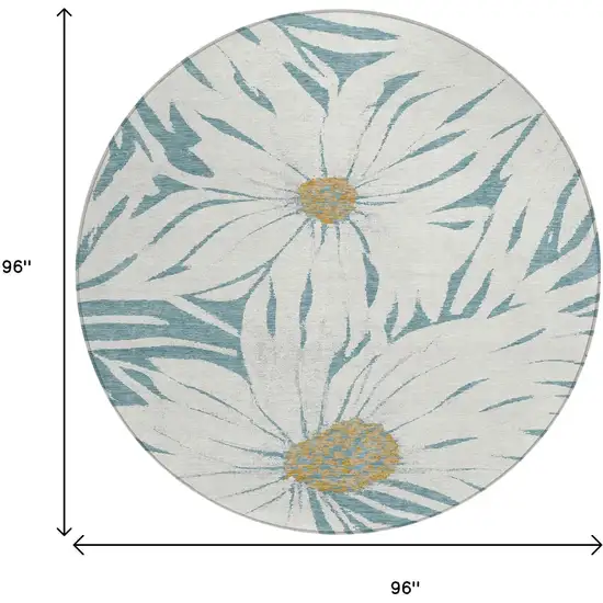 8' Teal Blue Ivory And Gold Round Floral Washable Indoor Outdoor Area Rug Photo 3
