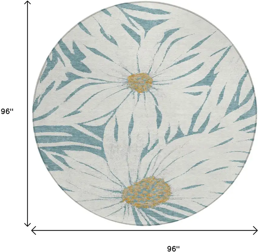 8' Teal Blue Ivory And Gold Round Floral Washable Indoor Outdoor Area Rug Photo 3