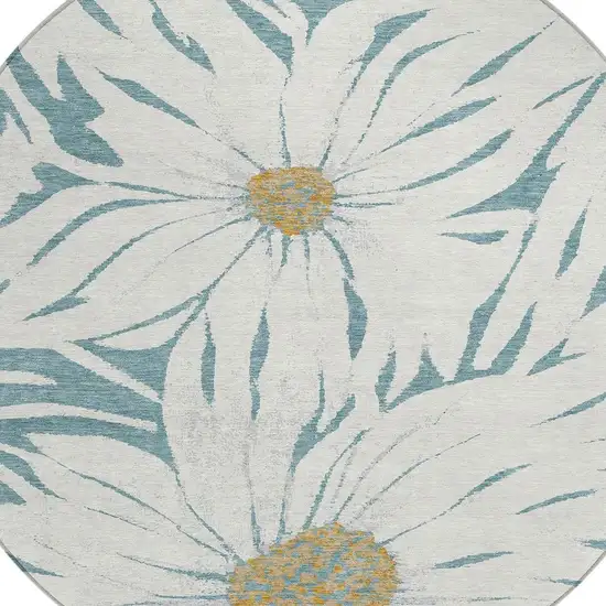 8' Teal Blue Ivory And Gold Round Floral Washable Indoor Outdoor Area Rug Photo 7