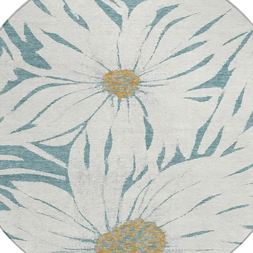 8' Teal Blue Ivory And Gold Round Floral Washable Indoor Outdoor Area Rug Photo 7