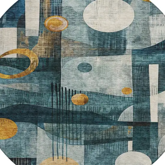 8' Teal Blue Ivory And Gold Round Geometric Washable Indoor Outdoor Area Rug Photo 6