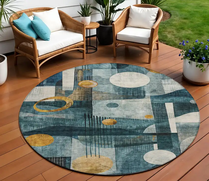 8' Teal Blue Ivory And Gold Round Geometric Washable Indoor Outdoor Area Rug Photo 1