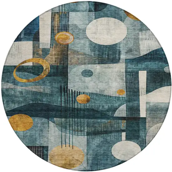 8' Teal Blue Ivory And Gold Round Geometric Washable Indoor Outdoor Area Rug Photo 2