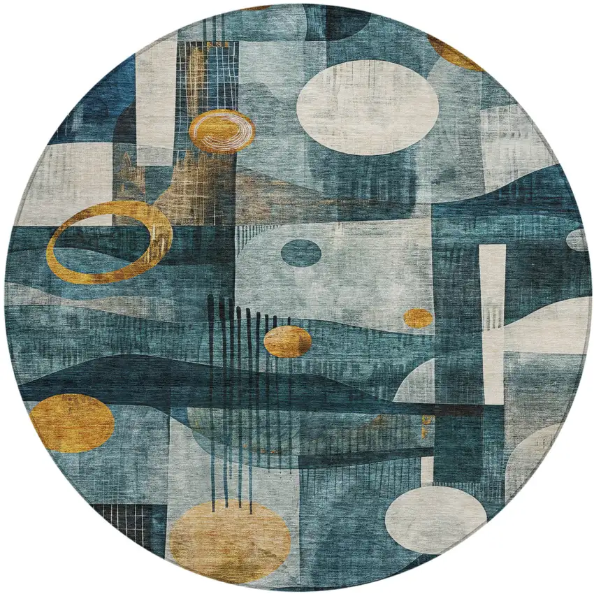 8' Teal Blue Ivory And Gold Round Geometric Washable Indoor Outdoor Area Rug Photo 2
