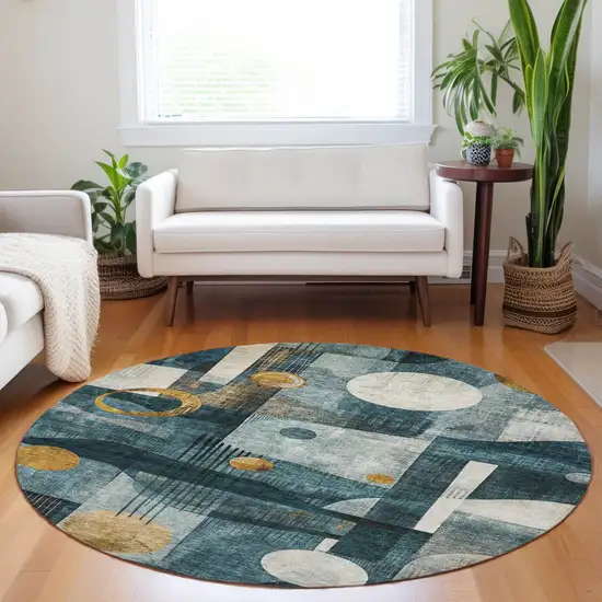 8' Teal Blue Ivory And Gold Round Geometric Washable Indoor Outdoor Area Rug Photo 9