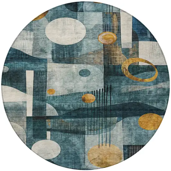 8' Teal Blue Ivory And Gold Round Geometric Washable Indoor Outdoor Area Rug Photo 7