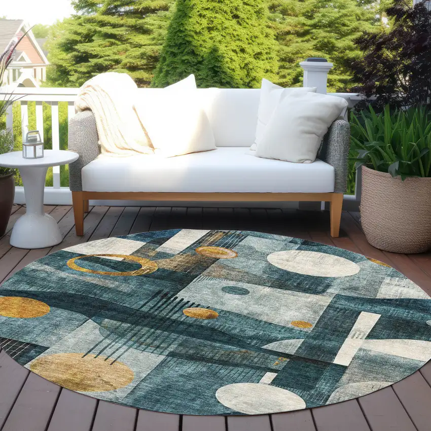 8' Teal Blue Ivory And Gold Round Geometric Washable Indoor Outdoor Area Rug Photo 8