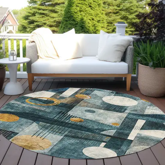 8' Teal Blue Ivory And Gold Round Geometric Washable Indoor Outdoor Area Rug Photo 8