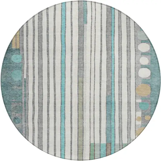 8' Teal Blue Ivory And Gold Round Geometric Washable Indoor Outdoor Area Rug Photo 1