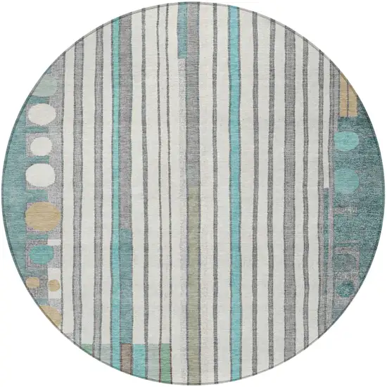 8' Teal Blue Ivory And Gold Round Geometric Washable Indoor Outdoor Area Rug Photo 4