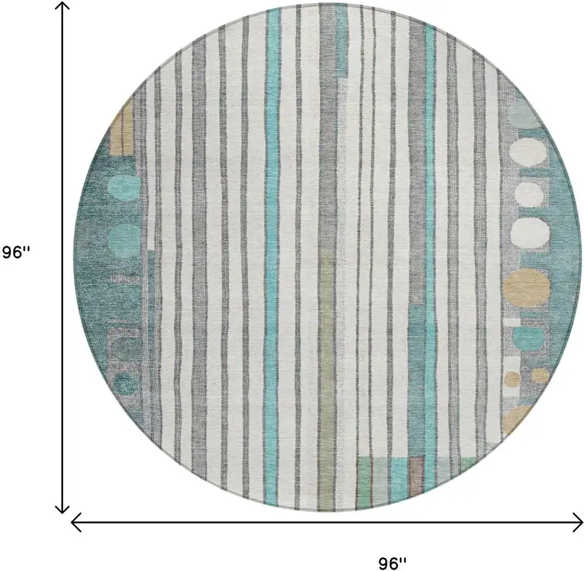 8' Teal Blue Ivory And Gold Round Geometric Washable Indoor Outdoor Area Rug Photo 8