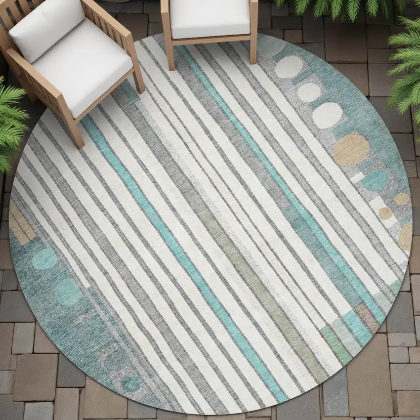 8' Teal Blue Ivory And Gold Round Geometric Washable Indoor Outdoor Area Rug Photo 6