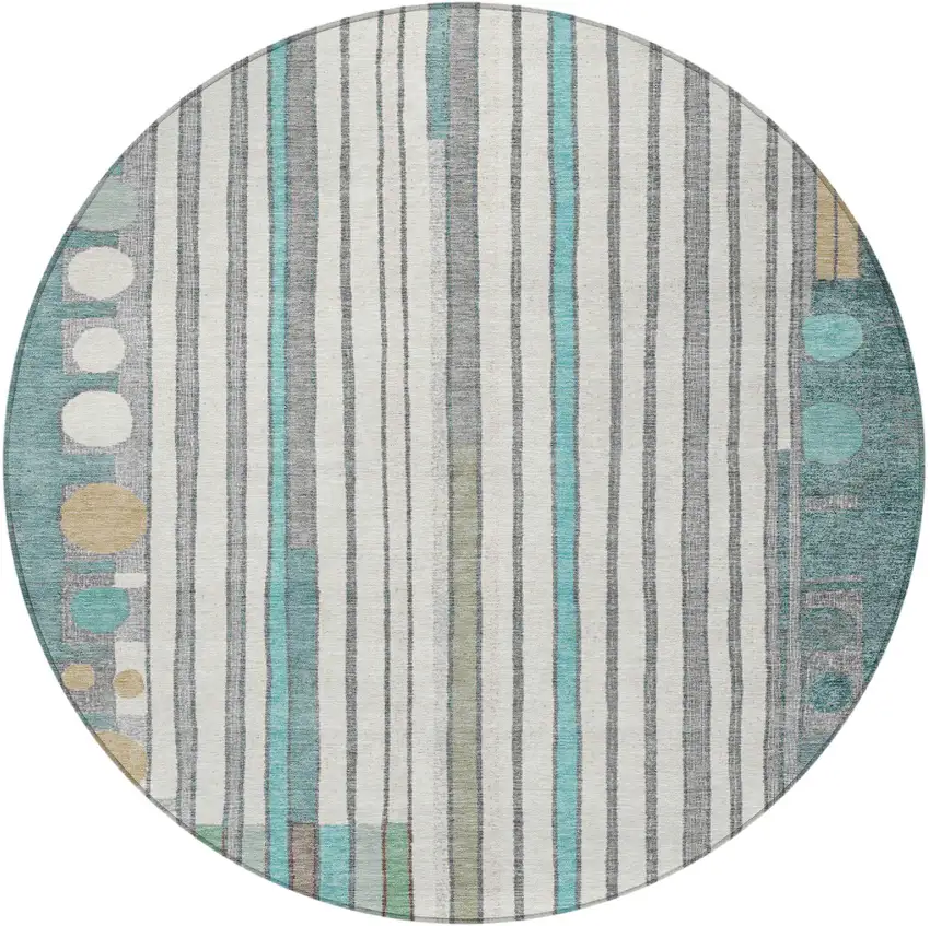 8' Teal Blue Ivory And Gold Round Geometric Washable Indoor Outdoor Area Rug Photo 3