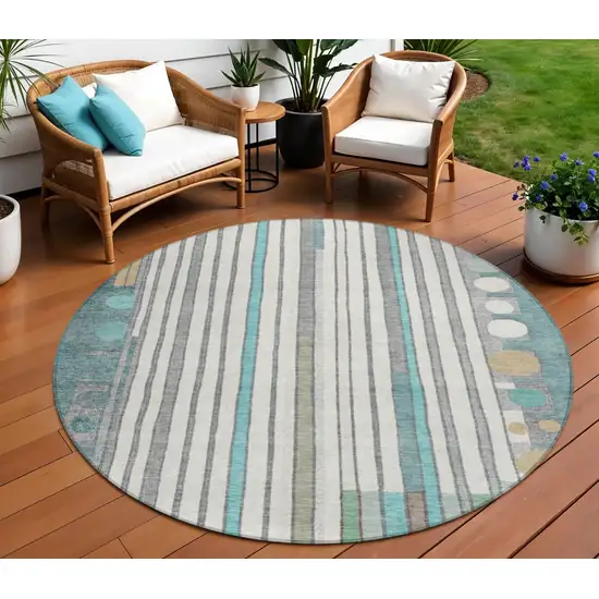 8' Teal Blue Ivory And Gold Round Geometric Washable Indoor Outdoor Area Rug Photo 2