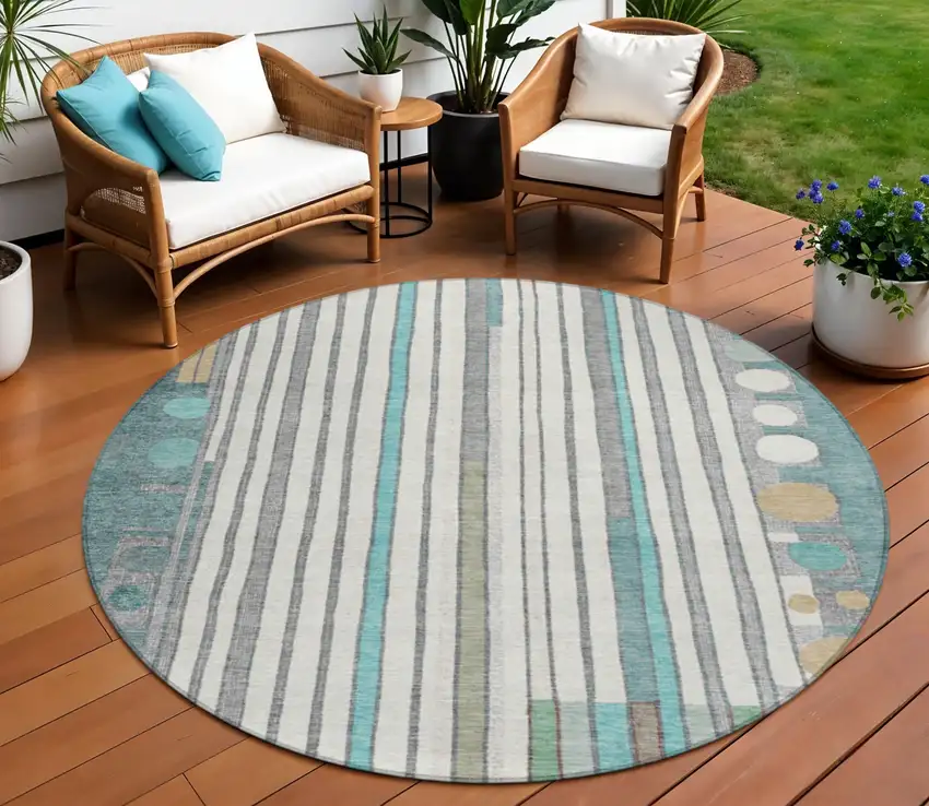8' Teal Blue Ivory And Gold Round Geometric Washable Indoor Outdoor Area Rug Photo 2