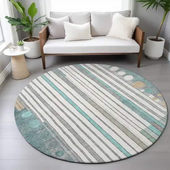 8' Teal Blue Ivory And Gold Round Geometric Washable Indoor Outdoor Area Rug Photo 7