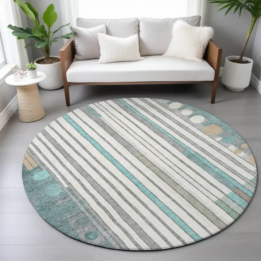8' Teal Blue Ivory And Gold Round Geometric Washable Indoor Outdoor Area Rug Photo 7