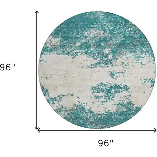 8' Teal Blue Ivory And Gray Round Abstract Washable Indoor Outdoor Area Rug Photo 3