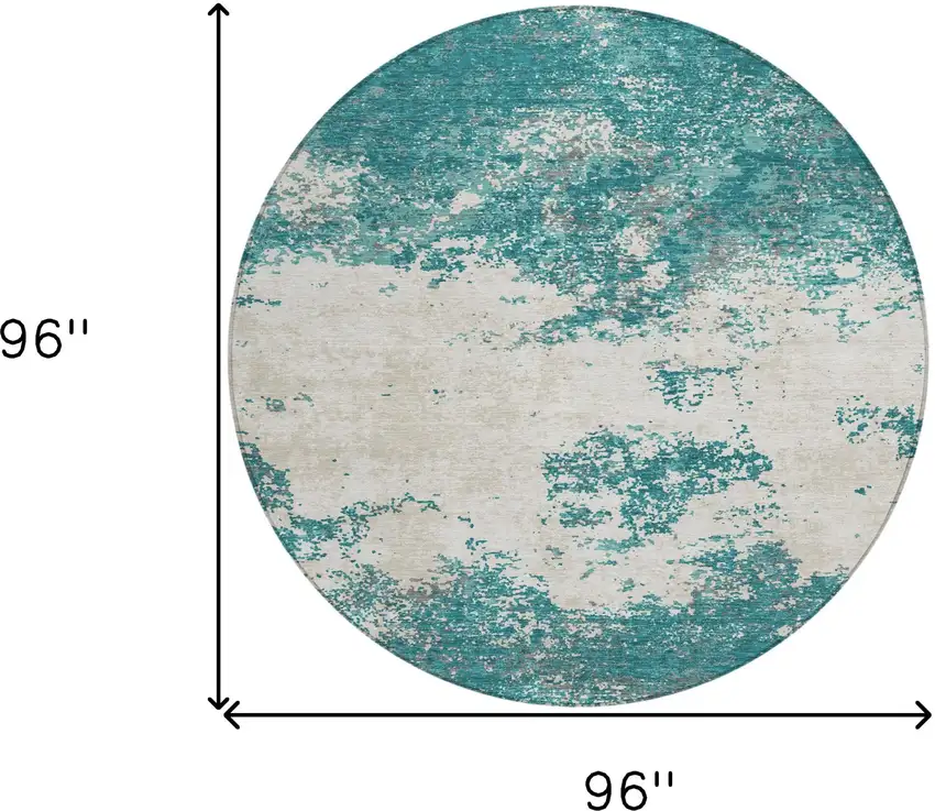 8' Teal Blue Ivory And Gray Round Abstract Washable Indoor Outdoor Area Rug Photo 3
