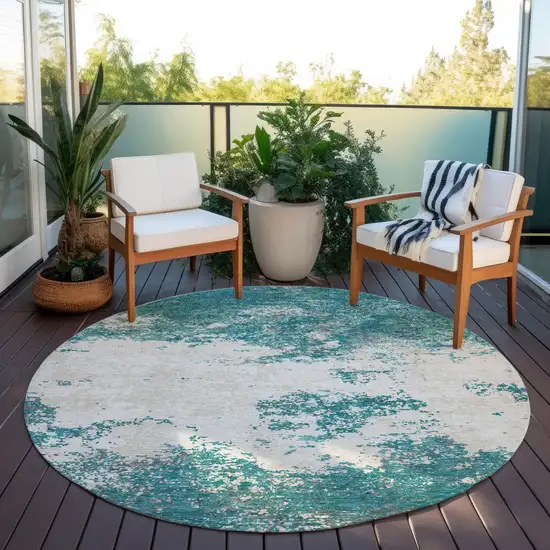 8' Teal Blue Ivory And Gray Round Abstract Washable Indoor Outdoor Area Rug Photo 6